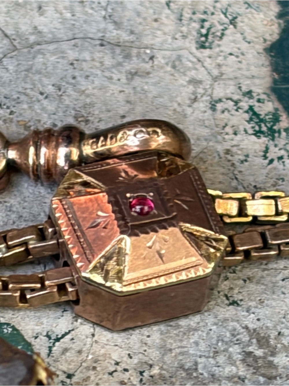 Victorian Gold Fill Or Gold Shell Pocket Watch Fob With Different Color Gems - Picture 13 of 16